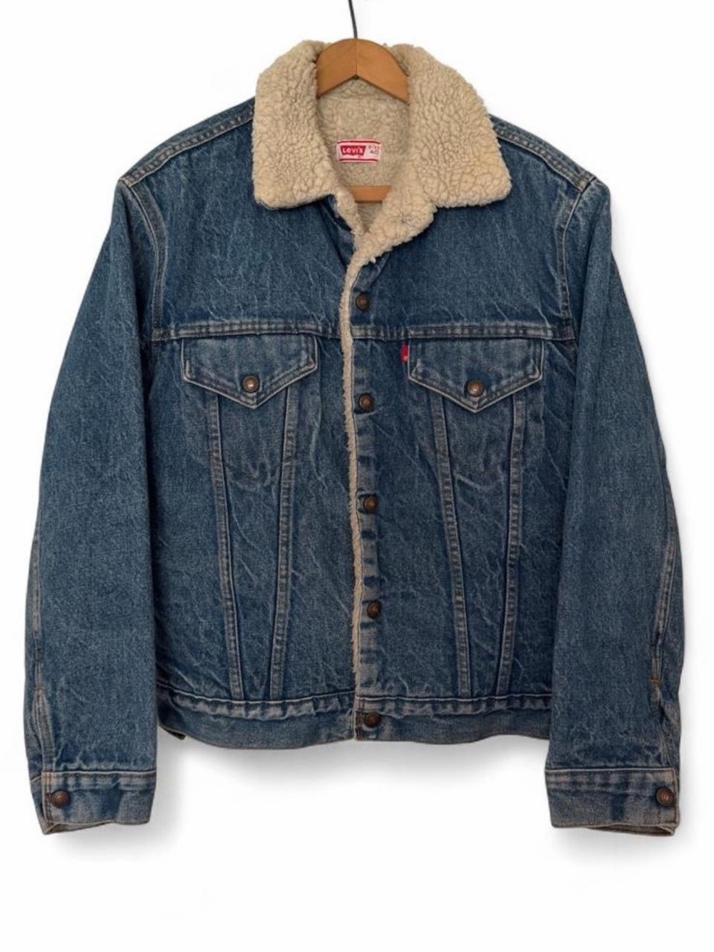 Vintage 70s Leviโs Sherpa Trucker Jean Jacket Blank Red Tab Size 40 / Large